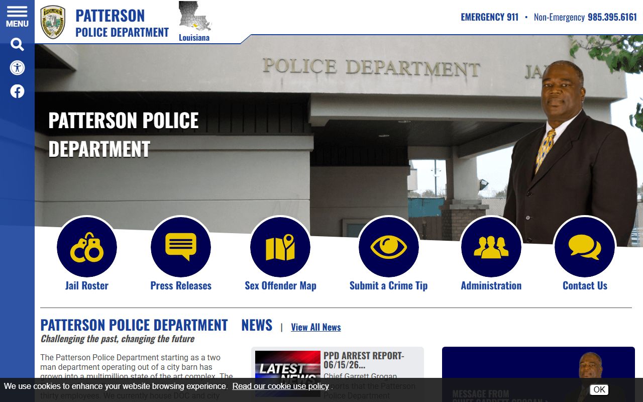 Patterson Police Department home page with city jail roster link and contact information
