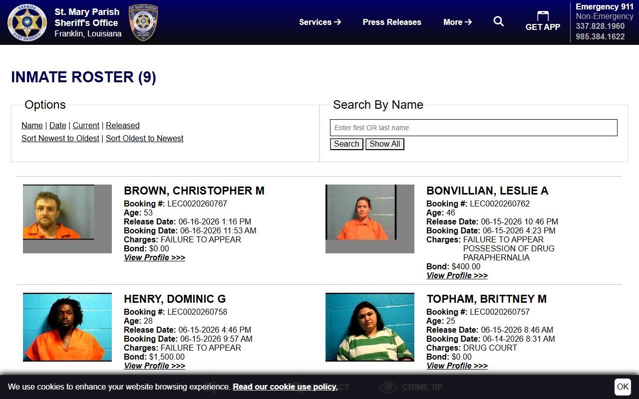 St. Mary Parish inmate records 48 hour release roster
