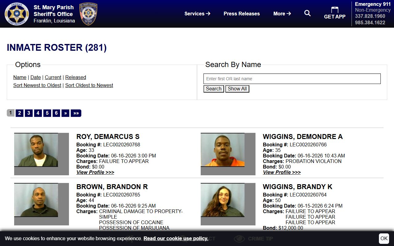 St. Mary Parish County current inmate roster search results