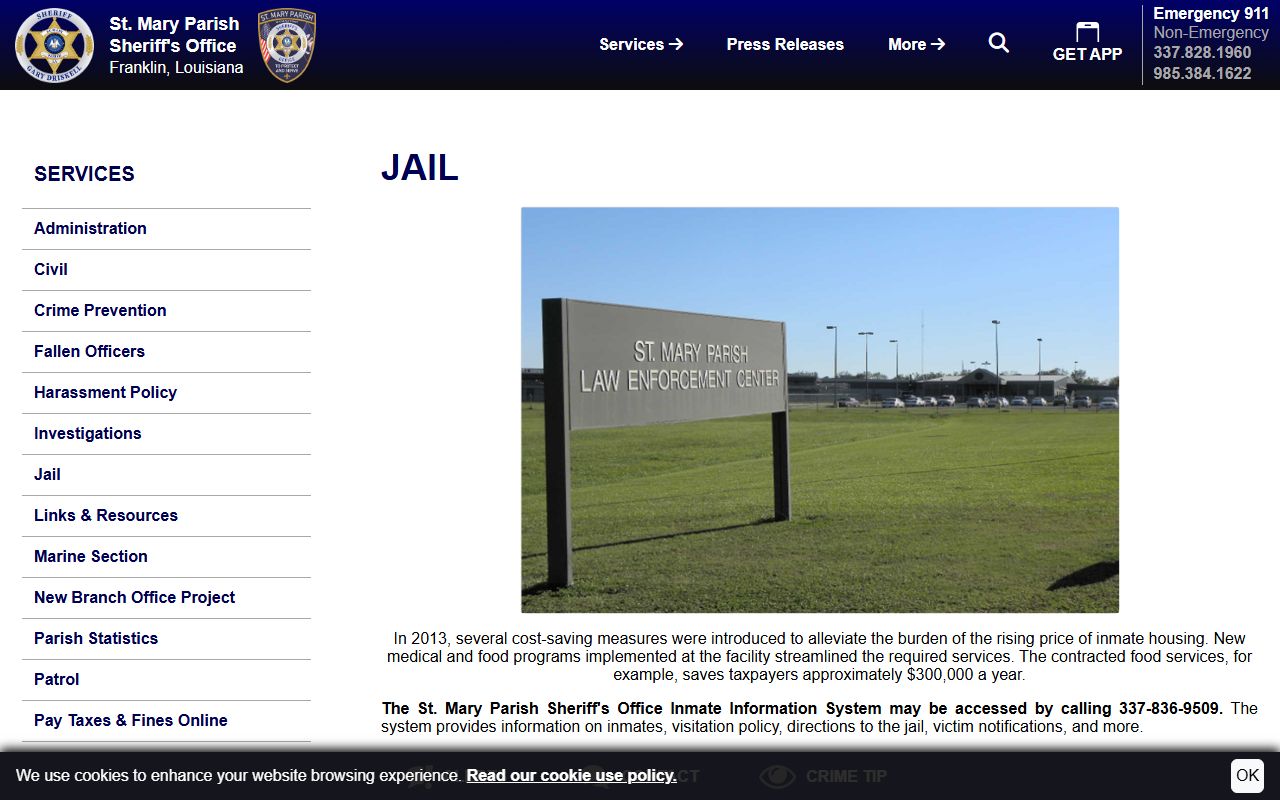 St. Mary Parish Sheriff's Office jail page for the Law Enforcement Center